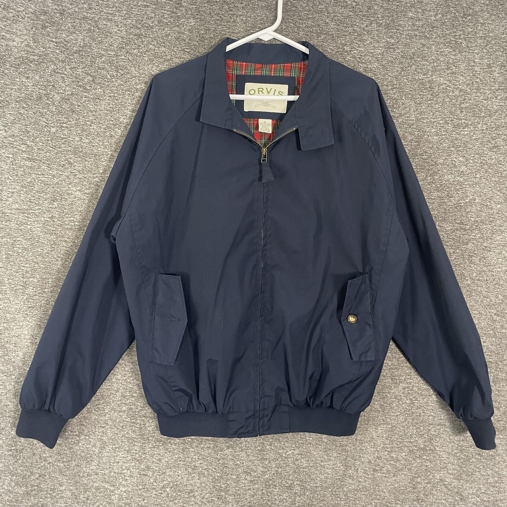 Orvis Jacket Mens Medium Blue Bomber Plaid Lined Full Zip Pockets Harrington